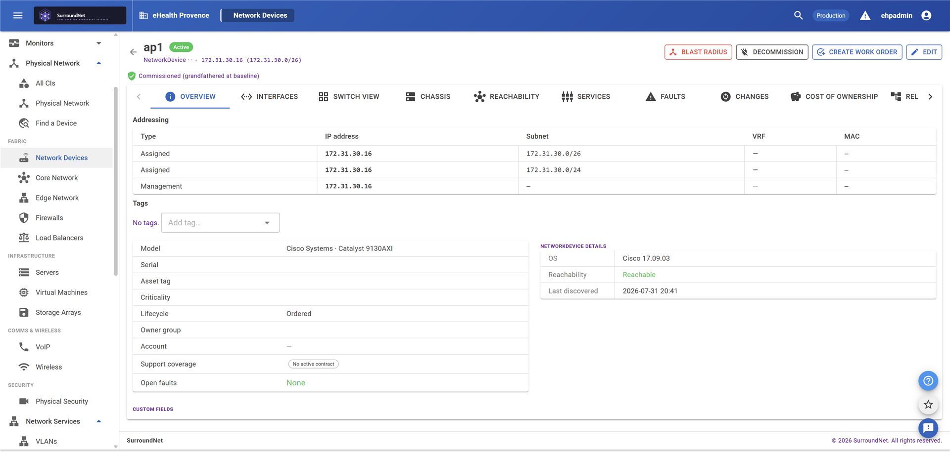 A network device configuration item in SurroundNet, showing addressing, model, reachability, and tabs for interfaces, faults, changes, and cost of ownership