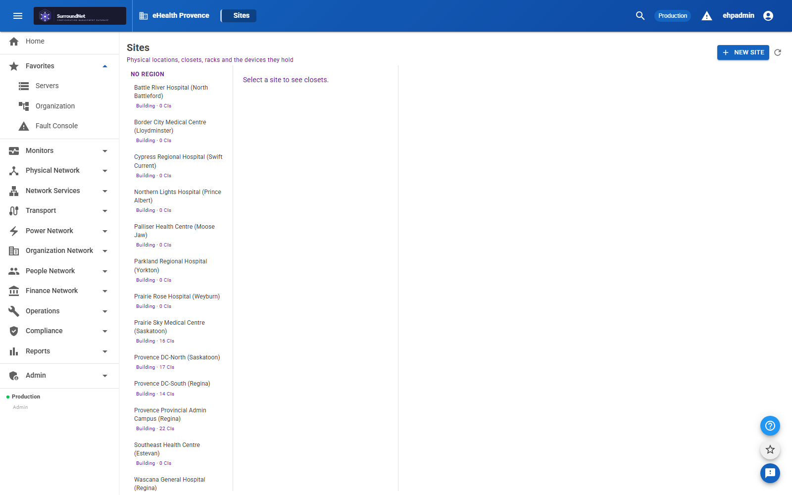 SurroundNet Sites view listing physical locations with their CI counts